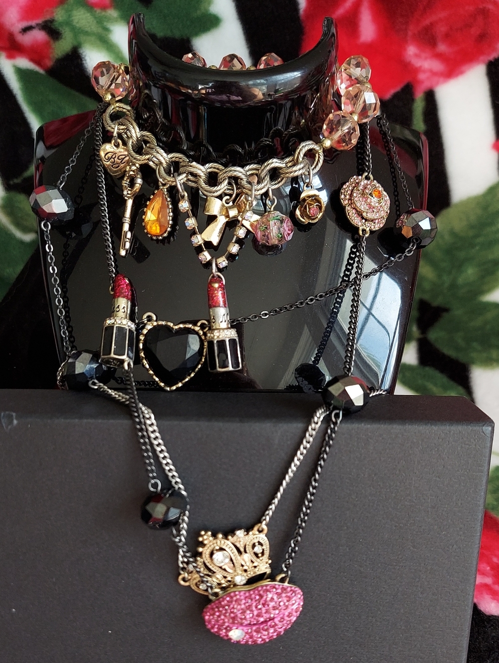Betsey Johmson Multi-Charm Layered Tri Tone Statement Necklace and Bracelet